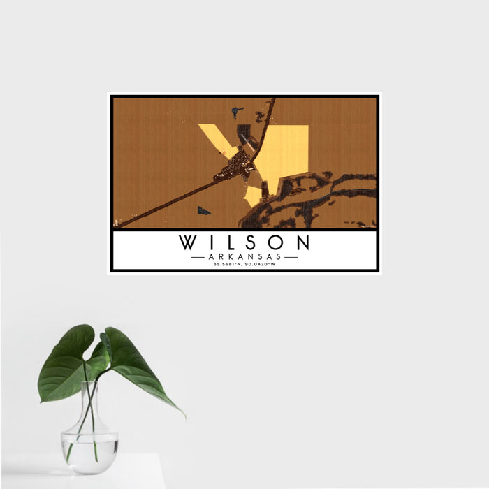 16x24 Wilson Arkansas Map Print Landscape Orientation in Ember Style With Tropical Plant Leaves in Water