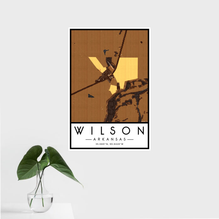 16x24 Wilson Arkansas Map Print Portrait Orientation in Ember Style With Tropical Plant Leaves in Water