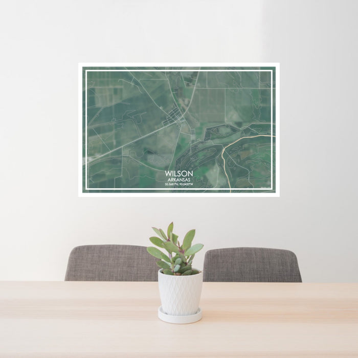 24x36 Wilson Arkansas Map Print Lanscape Orientation in Afternoon Style Behind 2 Chairs Table and Potted Plant
