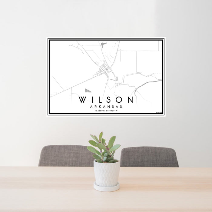 24x36 Wilson Arkansas Map Print Lanscape Orientation in Classic Style Behind 2 Chairs Table and Potted Plant