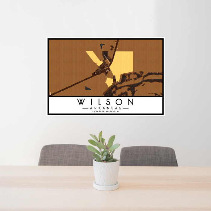 24x36 Wilson Arkansas Map Print Lanscape Orientation in Ember Style Behind 2 Chairs Table and Potted Plant