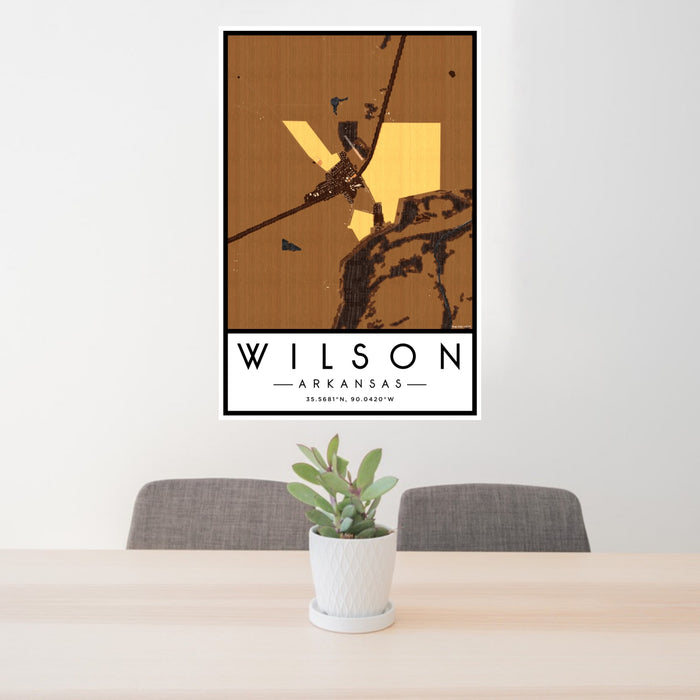 24x36 Wilson Arkansas Map Print Portrait Orientation in Ember Style Behind 2 Chairs Table and Potted Plant
