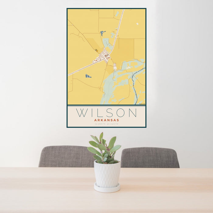24x36 Wilson Arkansas Map Print Portrait Orientation in Woodblock Style Behind 2 Chairs Table and Potted Plant