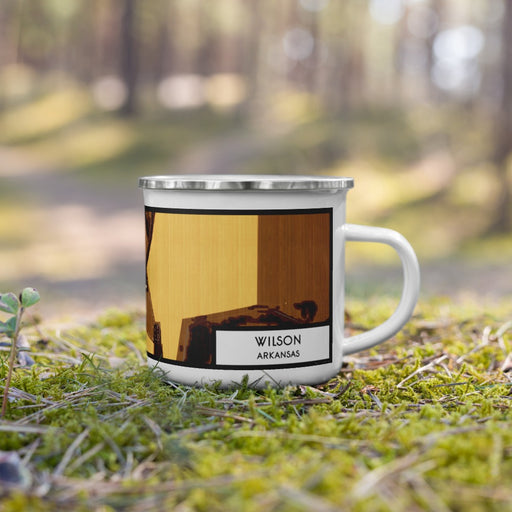 Right View Custom Wilson Arkansas Map Enamel Mug in Ember on Grass With Trees in Background