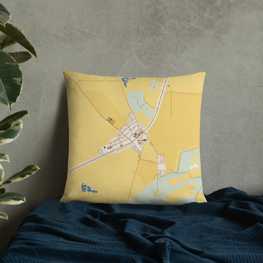 Custom Wilson Arkansas Map Throw Pillow in Woodblock on Bedding Against Wall