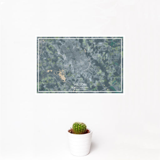 12x18 Wilson North Carolina Map Print Landscape Orientation in Afternoon Style With Small Cactus Plant in White Planter