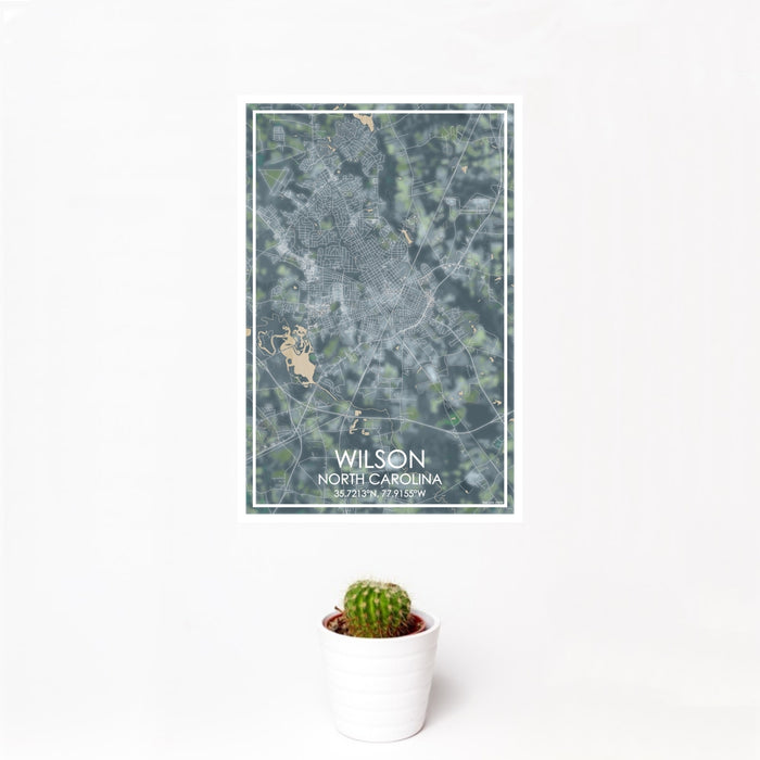 12x18 Wilson North Carolina Map Print Portrait Orientation in Afternoon Style With Small Cactus Plant in White Planter