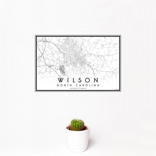 12x18 Wilson North Carolina Map Print Landscape Orientation in Classic Style With Small Cactus Plant in White Planter