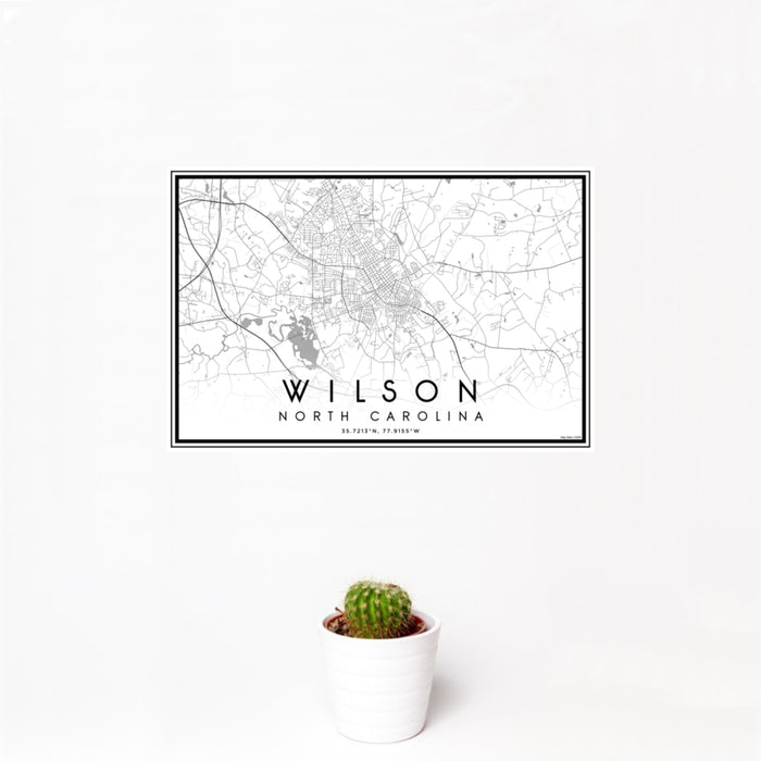 12x18 Wilson North Carolina Map Print Landscape Orientation in Classic Style With Small Cactus Plant in White Planter