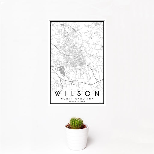 12x18 Wilson North Carolina Map Print Portrait Orientation in Classic Style With Small Cactus Plant in White Planter