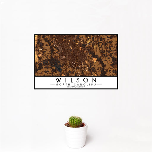 12x18 Wilson North Carolina Map Print Landscape Orientation in Ember Style With Small Cactus Plant in White Planter
