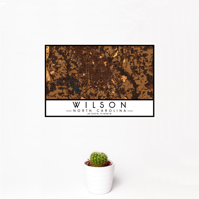 12x18 Wilson North Carolina Map Print Landscape Orientation in Ember Style With Small Cactus Plant in White Planter