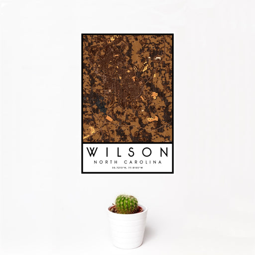 12x18 Wilson North Carolina Map Print Portrait Orientation in Ember Style With Small Cactus Plant in White Planter