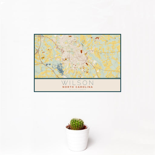 12x18 Wilson North Carolina Map Print Landscape Orientation in Woodblock Style With Small Cactus Plant in White Planter