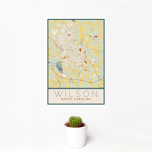 12x18 Wilson North Carolina Map Print Portrait Orientation in Woodblock Style With Small Cactus Plant in White Planter