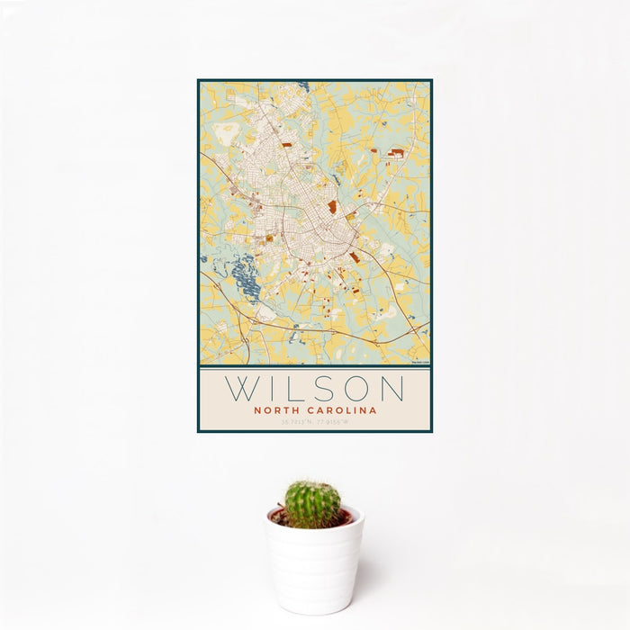 12x18 Wilson North Carolina Map Print Portrait Orientation in Woodblock Style With Small Cactus Plant in White Planter