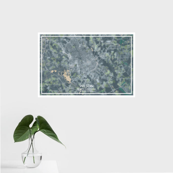 16x24 Wilson North Carolina Map Print Landscape Orientation in Afternoon Style With Tropical Plant Leaves in Water