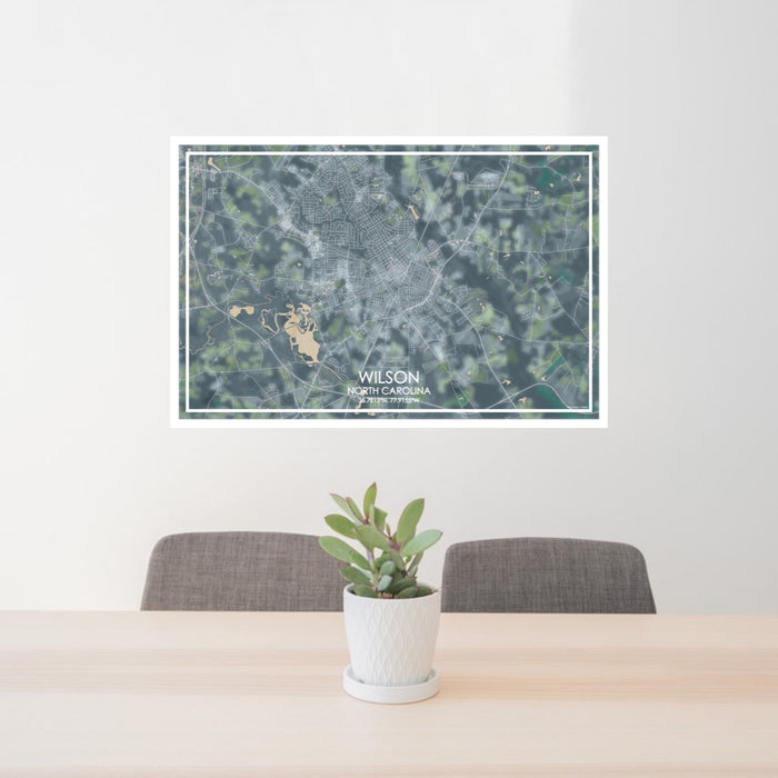 24x36 Wilson North Carolina Map Print Lanscape Orientation in Afternoon Style Behind 2 Chairs Table and Potted Plant