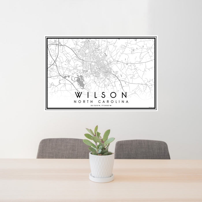 24x36 Wilson North Carolina Map Print Lanscape Orientation in Classic Style Behind 2 Chairs Table and Potted Plant