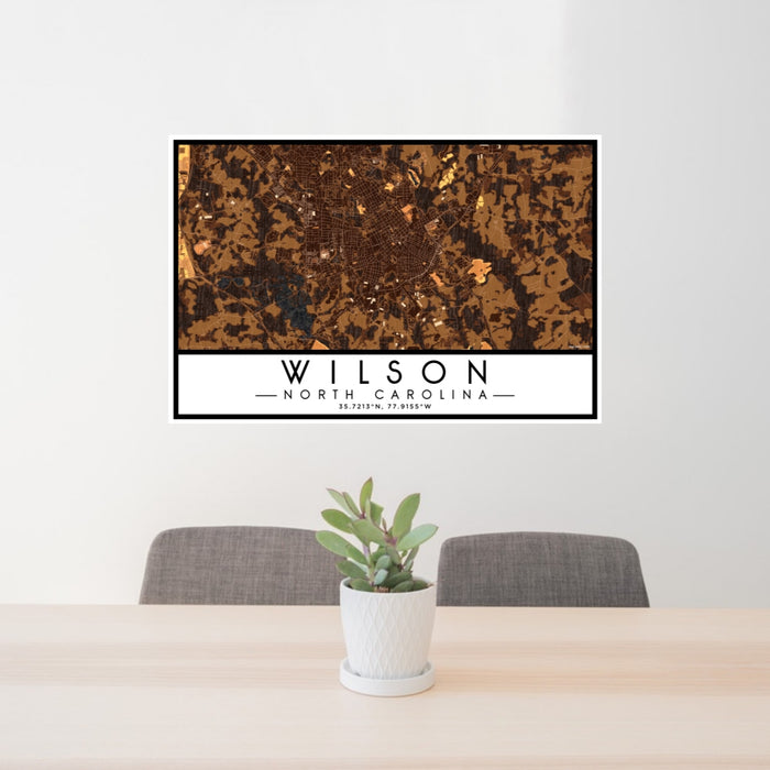24x36 Wilson North Carolina Map Print Lanscape Orientation in Ember Style Behind 2 Chairs Table and Potted Plant