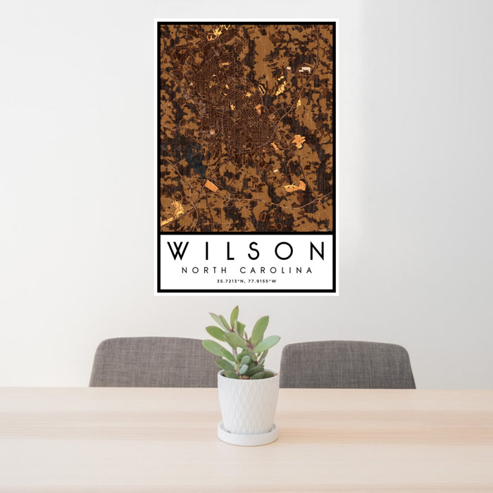 24x36 Wilson North Carolina Map Print Portrait Orientation in Ember Style Behind 2 Chairs Table and Potted Plant