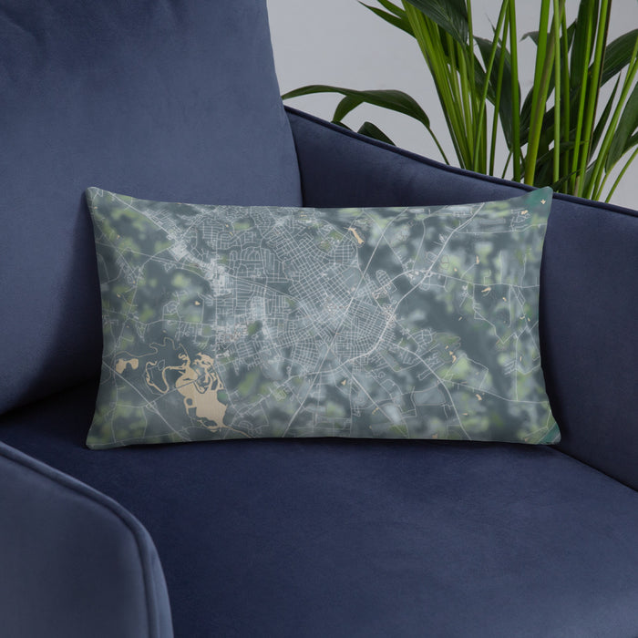 Custom Wilson North Carolina Map Throw Pillow in Afternoon on Blue Colored Chair