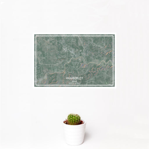 12x18 Wimberley Texas Map Print Landscape Orientation in Afternoon Style With Small Cactus Plant in White Planter