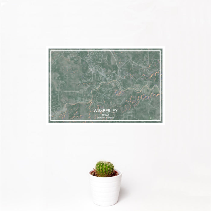12x18 Wimberley Texas Map Print Landscape Orientation in Afternoon Style With Small Cactus Plant in White Planter