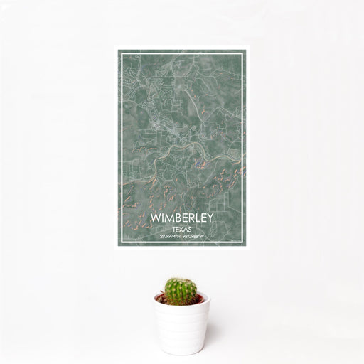 12x18 Wimberley Texas Map Print Portrait Orientation in Afternoon Style With Small Cactus Plant in White Planter