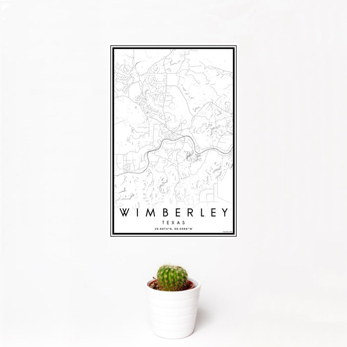12x18 Wimberley Texas Map Print Portrait Orientation in Classic Style With Small Cactus Plant in White Planter