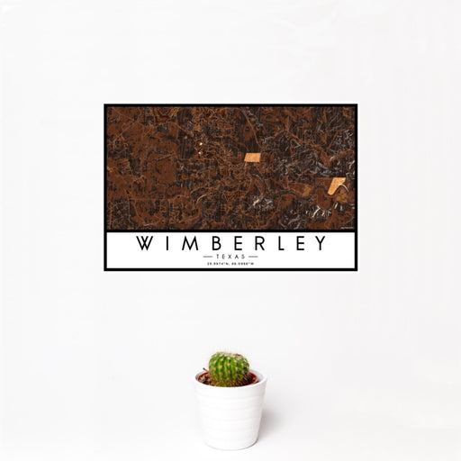 12x18 Wimberley Texas Map Print Landscape Orientation in Ember Style With Small Cactus Plant in White Planter