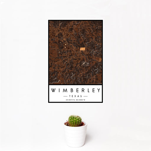 12x18 Wimberley Texas Map Print Portrait Orientation in Ember Style With Small Cactus Plant in White Planter