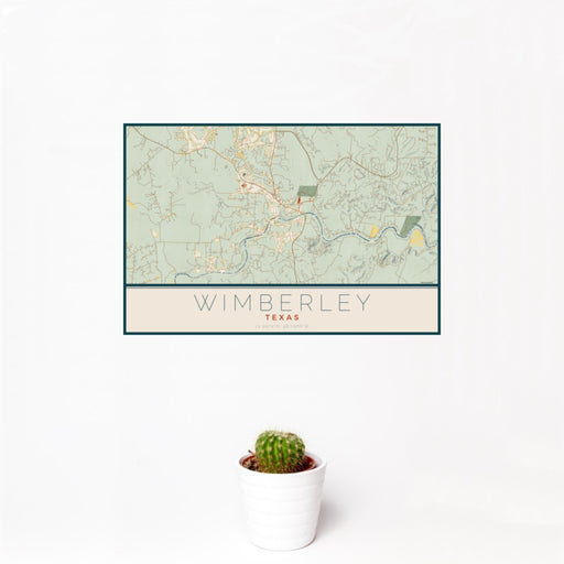 12x18 Wimberley Texas Map Print Landscape Orientation in Woodblock Style With Small Cactus Plant in White Planter