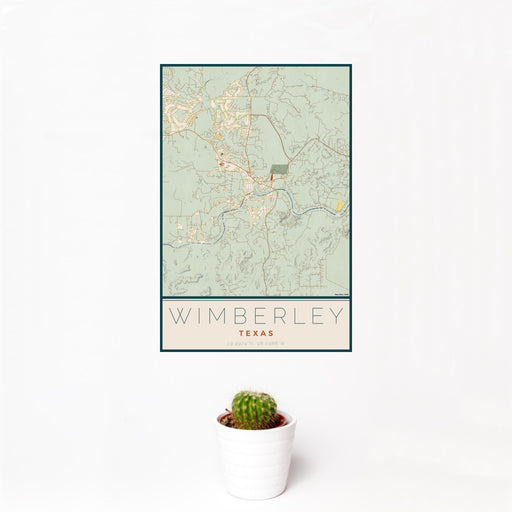 12x18 Wimberley Texas Map Print Portrait Orientation in Woodblock Style With Small Cactus Plant in White Planter