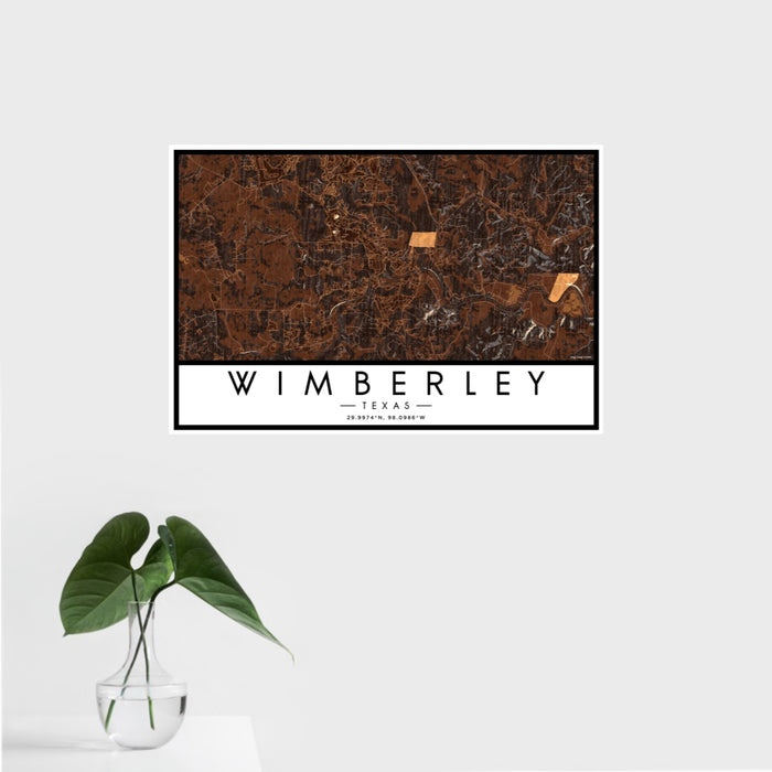 16x24 Wimberley Texas Map Print Landscape Orientation in Ember Style With Tropical Plant Leaves in Water