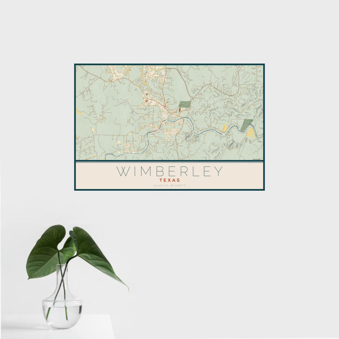 16x24 Wimberley Texas Map Print Landscape Orientation in Woodblock Style With Tropical Plant Leaves in Water