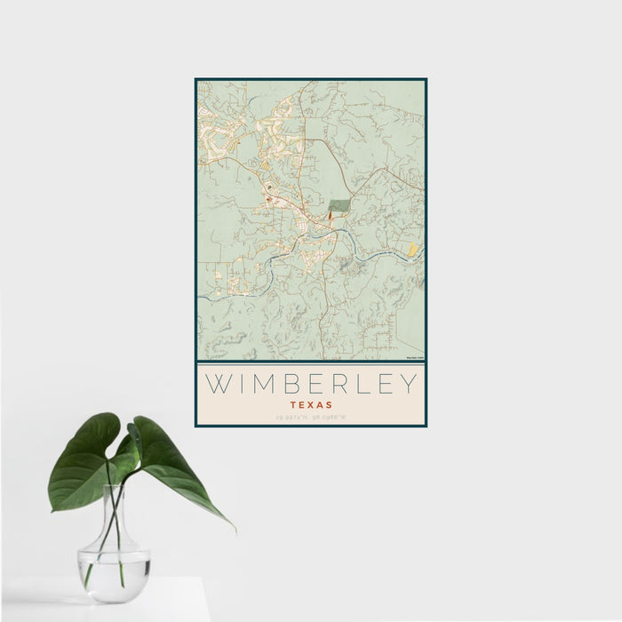 16x24 Wimberley Texas Map Print Portrait Orientation in Woodblock Style With Tropical Plant Leaves in Water