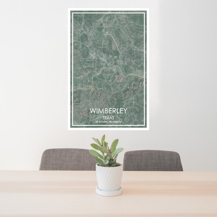 24x36 Wimberley Texas Map Print Portrait Orientation in Afternoon Style Behind 2 Chairs Table and Potted Plant