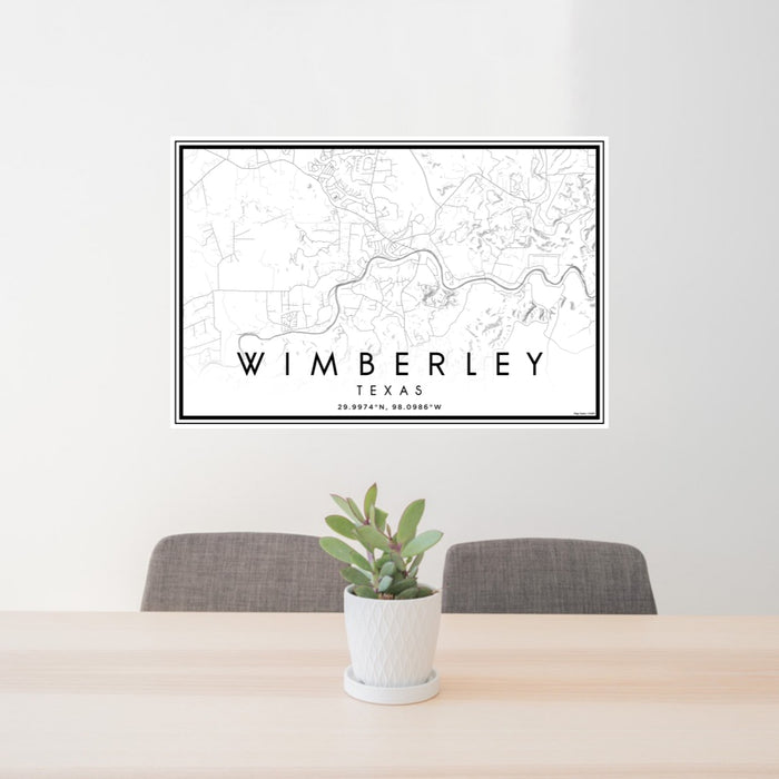 24x36 Wimberley Texas Map Print Lanscape Orientation in Classic Style Behind 2 Chairs Table and Potted Plant