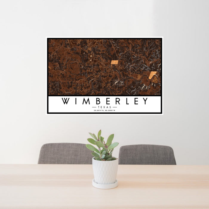 24x36 Wimberley Texas Map Print Lanscape Orientation in Ember Style Behind 2 Chairs Table and Potted Plant