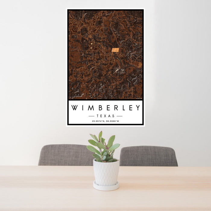 24x36 Wimberley Texas Map Print Portrait Orientation in Ember Style Behind 2 Chairs Table and Potted Plant