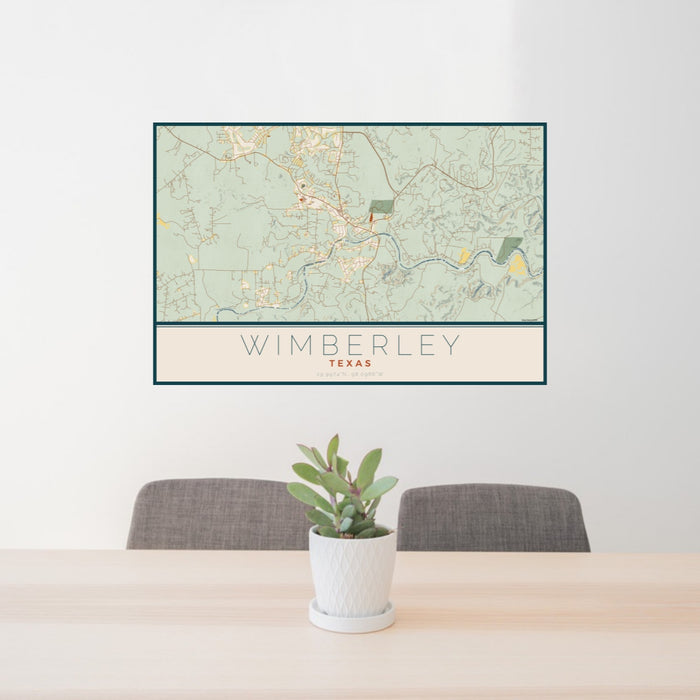 24x36 Wimberley Texas Map Print Lanscape Orientation in Woodblock Style Behind 2 Chairs Table and Potted Plant
