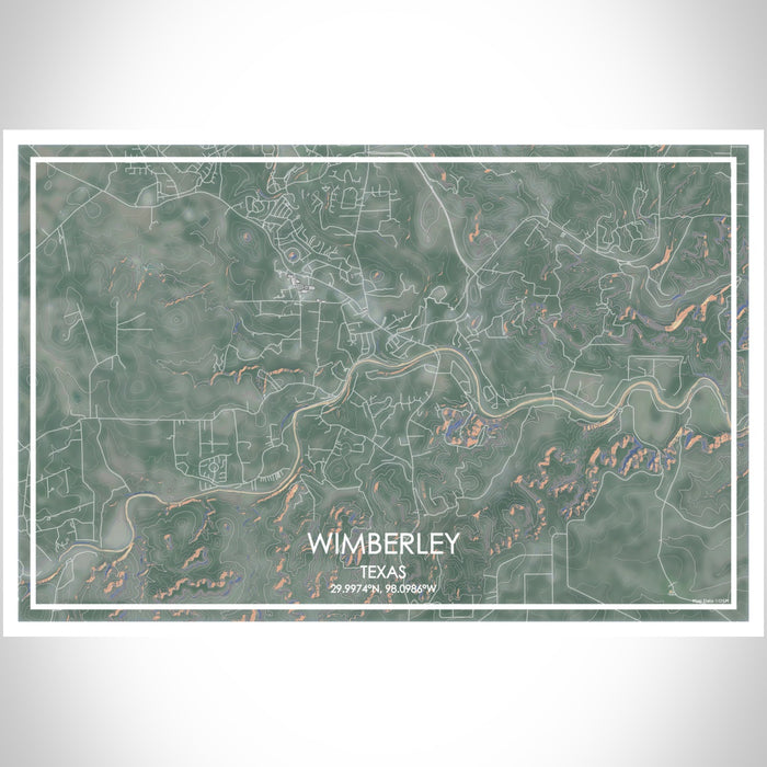 Wimberley Texas Map Print Landscape Orientation in Afternoon Style With Shaded Background