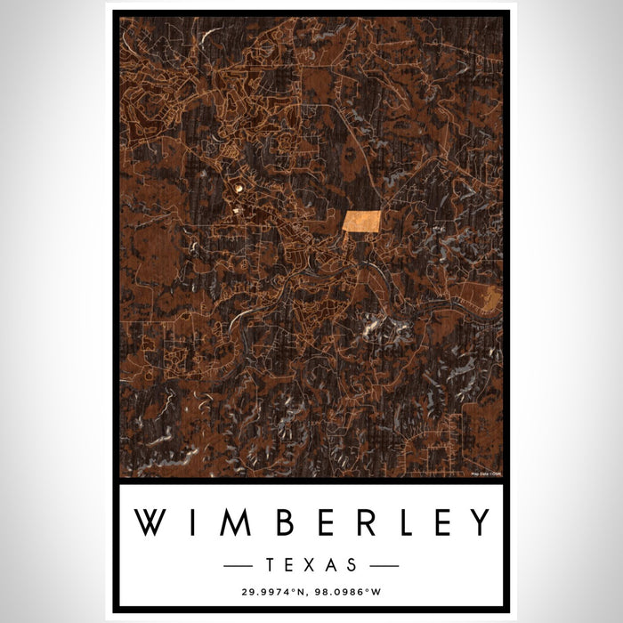 Wimberley Texas Map Print Portrait Orientation in Ember Style With Shaded Background