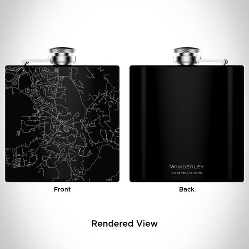 Rendered View of Wimberley Texas Map Engraving on 6oz Stainless Steel Flask in Black