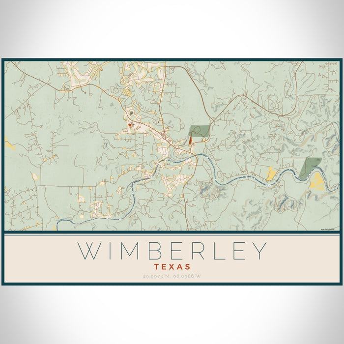 Wimberley Texas Map Print Landscape Orientation in Woodblock Style With Shaded Background