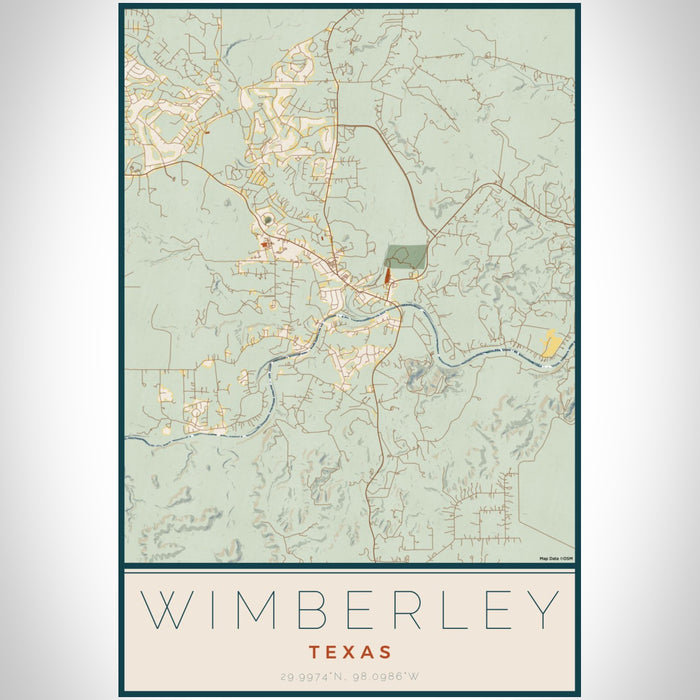 Wimberley Texas Map Print Portrait Orientation in Woodblock Style With Shaded Background