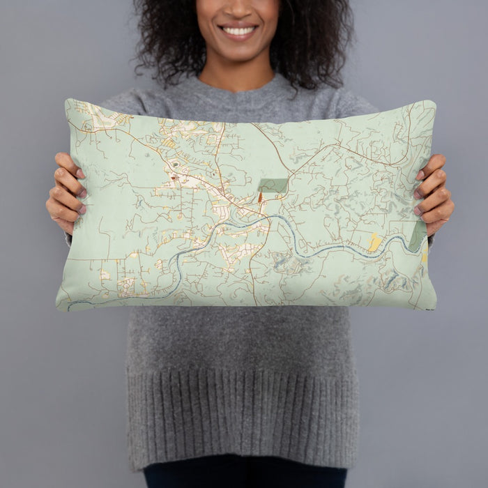 Person holding 20x12 Custom Wimberley Texas Map Throw Pillow in Woodblock