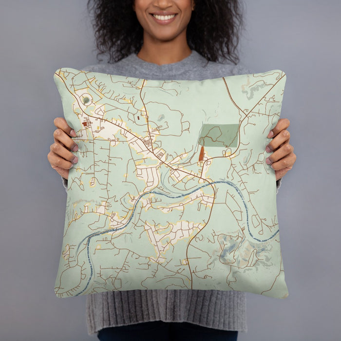 Person holding 18x18 Custom Wimberley Texas Map Throw Pillow in Woodblock