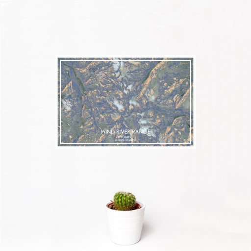 12x18 Wind River Range Wyoming Map Print Landscape Orientation in Afternoon Style With Small Cactus Plant in White Planter